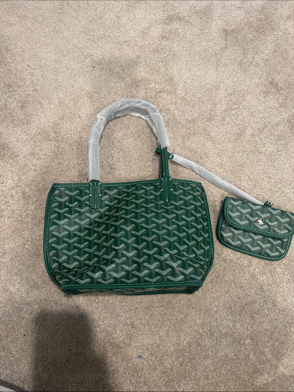 Green Patterned Tote Bag with Matching Pouch